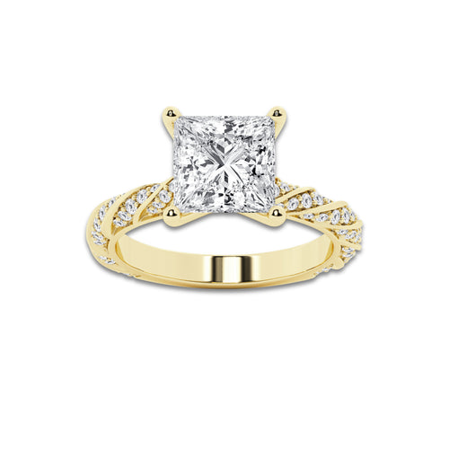 4.42 ctw Princess Lab-Grown Diamond Twisted Band Engagement Ring in 14K Yellow Gold for Women | Colorless E, VS1 Clarity, IGI Certified 4.00 ct Center Diamond