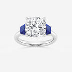 Camellia 5 ctw Cushion Lab Grown Diamond and 5.5x3.3x2.2 mm Trapezoid Created Sapphire Three-Stone Ring Platinum, E, VS1 | IGI Certified, 5 ct Center