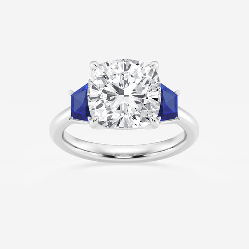 Camellia 5 ctw Cushion Lab Grown Diamond and 5.5x3.3x2.2 mm Trapezoid Created Sapphire Three-Stone Ring Platinum, E, VS1 | IGI Certified, 5 ct Center