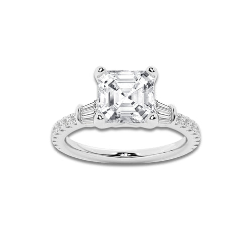 2 1/2 ctw Asscher Lab Grown Diamond Engagement Ring with Double Baguette Side Accents Platinum, D, VVS | 2 ct Center