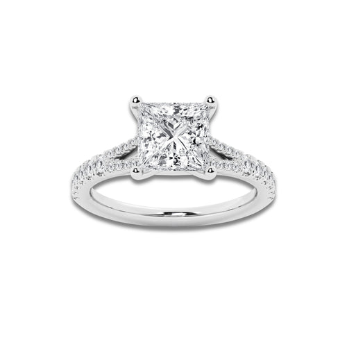 2.83 ctw Princess Lab-Grown Diamond Split Shank Side Stone Engagement Ring in 14K White Gold for Women | Colorless D, VVS1 Clarity, IGI Certified 2.50 ct Center Diamond
