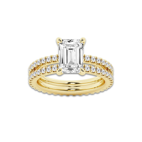 3.39 ctw Emerald Lab-Grown Diamond Double Row Diamond Engagement Ring in 14K Yellow Gold for Women | Colorless E, VS1 Clarity, IGI Certified 2.50 ct Center Diamond