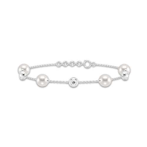 6.5 - 7.0 mm Cultured Freshwater Pearl and 1/2 ctw Lab Grown Diamond Alternating Adjustable Chain Bracelet - 7-8 Inches 14K White Gold