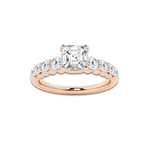 1.54 Ct Asscher Lab-Grown Diamond Half Eternity Engagement Ring in 14K Rose Gold for Female, Colorless (E), VS1 Clarity | IGI Certified, 1.00 Ct Center Diamond