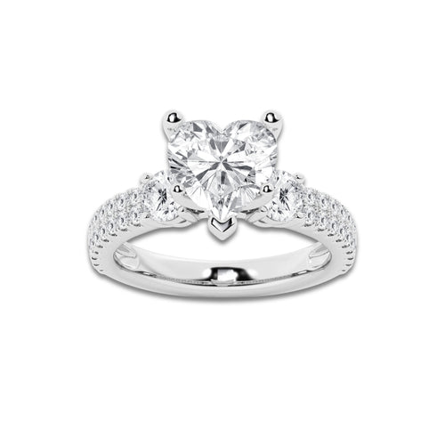 4.00 ctw Heart Lab-Grown Diamond Three Stone Double Row Engagement Ring in 14K White Gold for Women | D Color, VVS1 Clarity, IGI Certified 3.00 ct Center Diamond