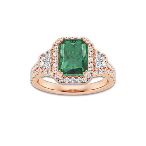 Poppy 3 1/4 ctw Radiant Cut Emerald with Round & Trapezoid Lab Grown Diamond Side Stone Engagement Ring 14K Rose Gold | 2 1/2 ct Center