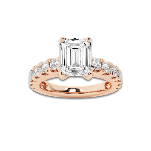 2.50 ctw Emerald Lab-Grown Diamond Split-Prong Set Side Stone Engagement Ring in 14K Rose Gold for Women | Colorless E, VS1 Clarity, IGI Certified 1.50 ct Center Diamond