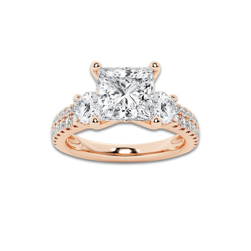 2.25 ctw Princess Lab-Grown Diamond Three Stone Double Row Engagement Ring in 14K Rose Gold for Women | D Color, VVS1 Clarity, IGI Certified 1.50 ct Center Diamond