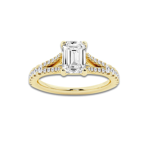 1.33 ctw Emerald Lab-Grown Diamond Split Shank Side Stone Engagement Ring in 14K Yellow Gold for Women | Colorless D, VVS1 Clarity, IGI Certified 1.00 ct Center Diamond