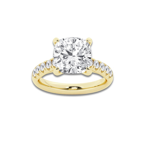 5.43 ctw Cushion Lab-Grown Diamond Pave Engagement Ring in 14K Yellow Gold for Women | E Color, VS1 Clarity, IGI Certified 5.00 ct Center Diamond