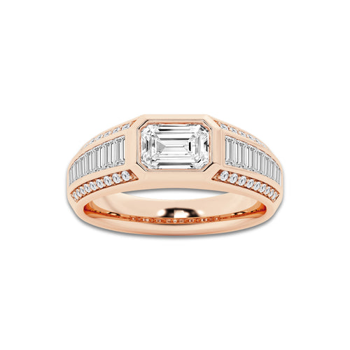 2 2/5 ctw Emerald Lab Grown Diamond with Graduated Baguette Side Stones Engagement Ring 14K Rose Gold, E, VS1 | IGI Certified, 1 1/2 ct Center