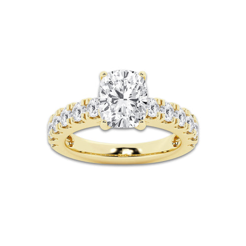 3.50 ctw Elongated Cushion Lab-Grown Diamond Split-Prong Set Side Stone Engagement Ring in 14K Yellow Gold for Women | Colorless E, VS1 Clarity, IGI Certified 2.50 ct Center Diamond