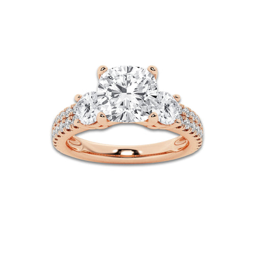 2.25 ctw Cushion Lab-Grown Diamond Three Stone Double Row Engagement Ring in 14K Rose Gold for Women | D Color, VVS1 Clarity, IGI Certified 1.50 ct Center Diamond