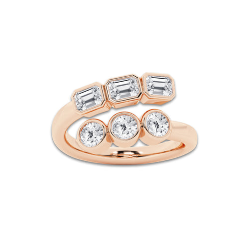 Oud 1 1/2 ctw Round and Emerald Lab Grown Diamond Bezel Bypass Ring 14K Rose Gold, DE, VS1