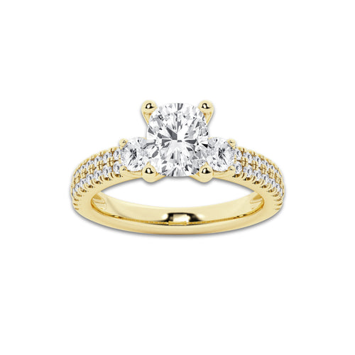 2.96 ctw Elongated Cushion Lab-Grown Diamond Three Stone Double Row Engagement Ring in 14K Yellow Gold for Women | E Color, VS1 Clarity, IGI Certified 2.00 ct Center Diamond