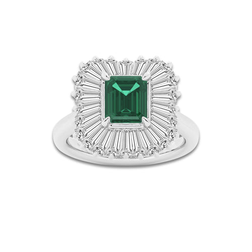 Bellflower 2 7/8 ctw Emerald Cut Emerald and Tapered Baguette Lab Grown Diamond Engagement Ring 14K White Gold | 1 1/2 ct Center