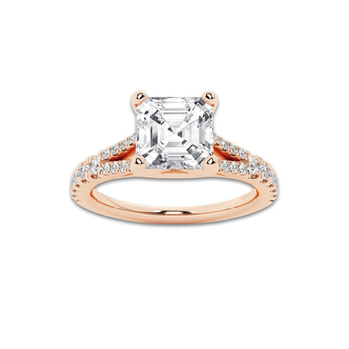 1.83 ctw Asscher Lab-Grown Diamond Split Shank Side Stone Engagement Ring in 14K Rose Gold for Women | Colorless E, VS1 Clarity, IGI Certified 1.50 ct Center Diamond