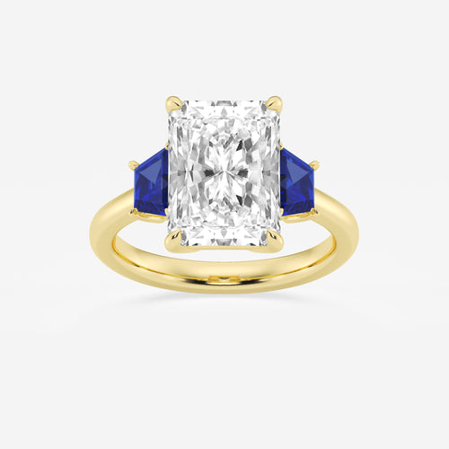 Camellia 5 ctw Radiant Lab Grown Diamond and 5.5x3.3x2.2 mm Trapezoid Created Sapphire Three-Stone Ring 14K Yellow Gold, E, VS1 | IGI Certified, 5 ct Center