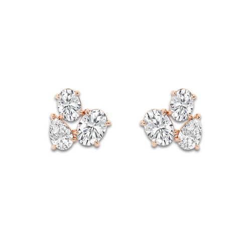 1 ¾ ctw Mosaic Oval and Pear Three Stone Stud Earrings 14K Rose Gold, DE, VS1