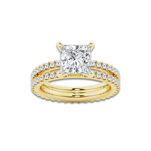 3.39 ctw Princess Lab-Grown Diamond Double Row Diamond Engagement Ring in 14K Yellow Gold for Women | Colorless D, VVS1 Clarity, IGI Certified 2.50 ct Center Diamond