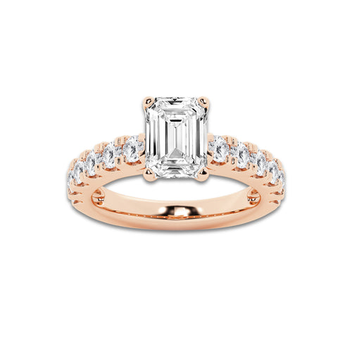 3.50 ctw Emerald Lab-Grown Diamond Split-Prong Set Side Stone Engagement Ring in 14K Rose Gold for Women | Colorless E, VS1 Clarity, IGI Certified 2.50 ct Center Diamond