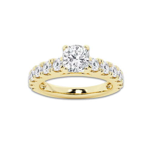 2.00 ctw Cushion Lab-Grown Diamond Split-Prong Set Side Stone Engagement Ring in 14K Yellow Gold for Women | Colorless E, VS1 Clarity, IGI Certified 1.00 ct Center Diamond