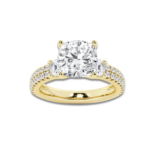 4.46 ctw Cushion Lab-Grown Diamond Three Stone Double Row Engagement Ring in 14K Yellow Gold for Women | E Color, VS1 Clarity, IGI Certified 3.50 ct Center Diamond