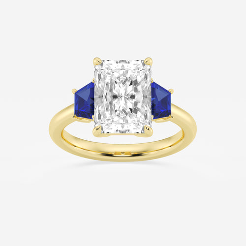 Camellia 4 ctw Radiant Lab Grown Diamond and 5.5x3.3x2.2 mm Trapezoid Created Sapphire Three-Stone Ring 14K Yellow Gold, E, VS1 | IGI Certified, 4 ct Center