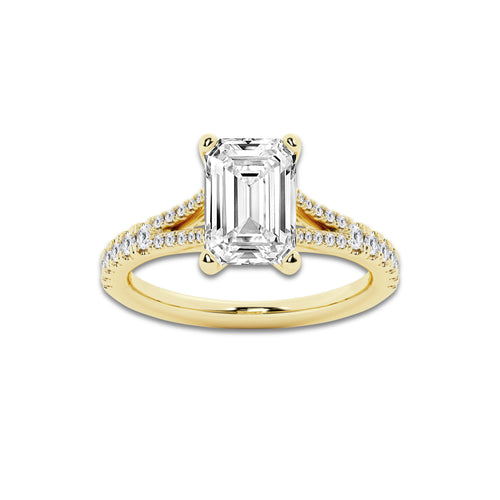 3.33 ctw Emerald Lab-Grown Diamond Split Shank Side Stone Engagement Ring in 14K Yellow Gold for Women | Colorless D, VVS1 Clarity, IGI Certified 3.00 ct Center Diamond