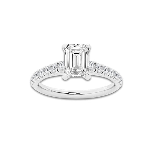 1.39 ctw Emerald Lab-Grown Diamond Pave Engagement Ring in 14K White Gold for Women | D Color, VVS1 Clarity, IGI Certified 1.00 ct Center Diamond