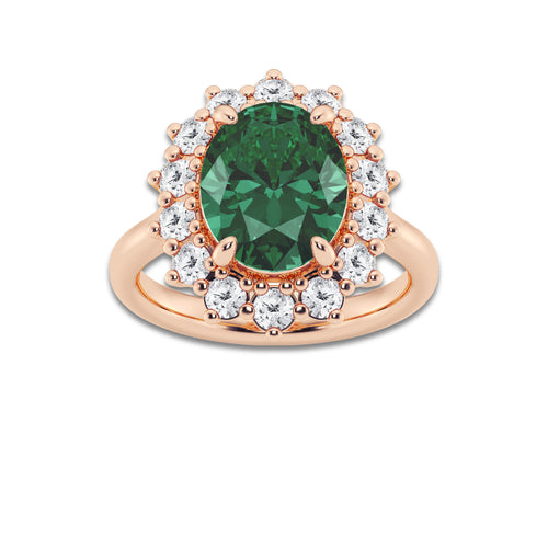 Petunia 3 7/8 ctw Oval Cut Emerald and Round Lab Grown Diamond Halo Engagement Ring 14K Rose Gold | 3 ct Center