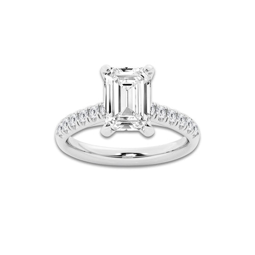3.40 ctw Emerald Lab-Grown Diamond Pave Engagement Ring in 14K White Gold for Women | E Color, VS1 Clarity, IGI Certified 3.00 ct Center Diamond