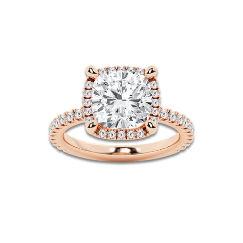 4 5/8 ctw Cushion Lab Grown Diamond Halo Engagement Ring 18K Rose Gold, E, VS1 | 4 ct Center