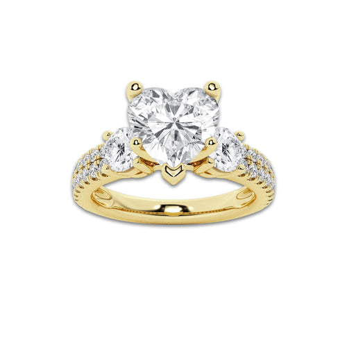 3.00 ctw Heart Lab-Grown Diamond Three Stone Double Row Engagement Ring in 14K Yellow Gold for Women | D Color, VVS1 Clarity, IGI Certified 2.00 ct Center Diamond
