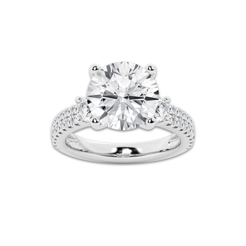 5.96 ctw Round Lab-Grown Diamond Three Stone Double Row Engagement Ring in Platinum for Women | E Color, VS1 Clarity, IGI Certified 5.00 ct Center Diamond