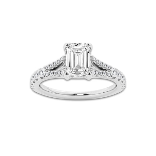 1.33 ctw Emerald Lab-Grown Diamond Split Shank Side Stone Engagement Ring in 14K White Gold for Women | Colorless E, VS1 Clarity, IGI Certified 1.00 ct Center Diamond