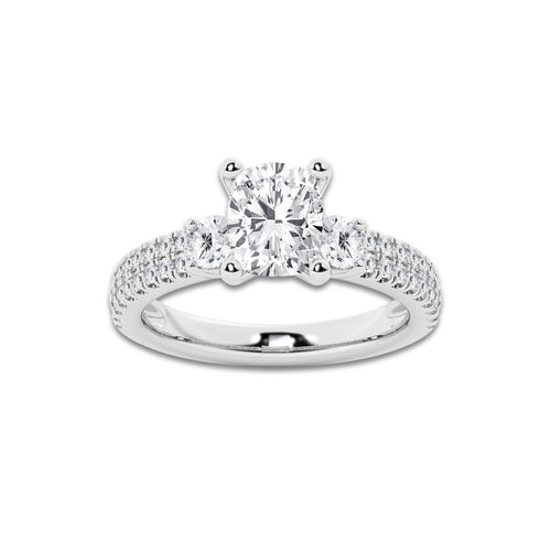 2.21 ctw Elongated Cushion Lab-Grown Diamond Three Stone Double Row Engagement Ring in 14K White Gold for Women | E Color, VS1 Clarity, IGI Certified 1.50 ct Center Diamond