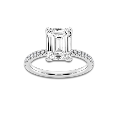 3 1/5 ctw Emerald Lab Grown Diamond Scalloped classic Pave Solitaire Engagement Ring with Side Stones Platinum, E, VS1 | 3 ct Center