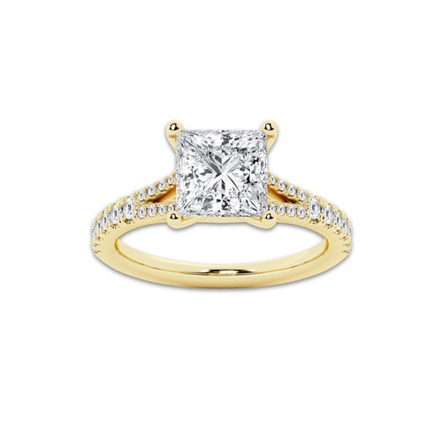 2.83 ctw Princess Lab-Grown Diamond Split Shank Side Stone Engagement Ring in 14K Yellow Gold for Women | Colorless E, VS1 Clarity, IGI Certified 2.50 ct Center Diamond