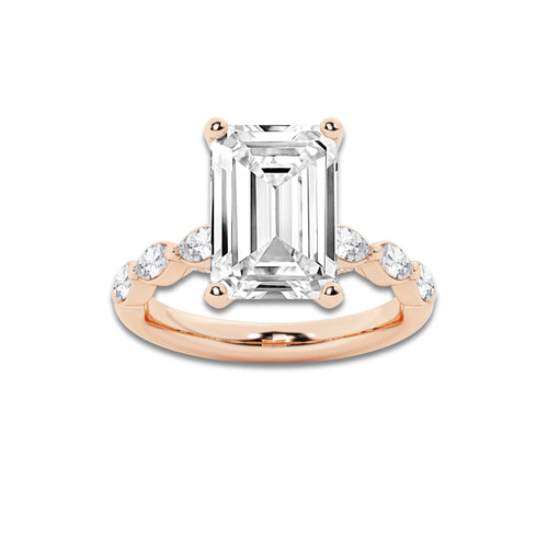 7.48 ctw Emerald Lab-Grown Diamond Marquise Side Stone Engagement Ring in 14K Rose Gold for Women | Colorless E, VS1 Clarity, IGI Certified 7.00 ct Center Diamond