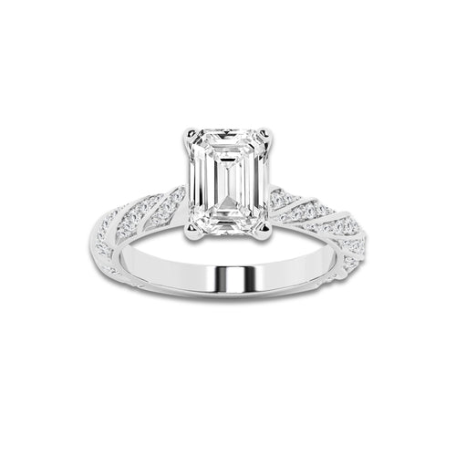 2.94 ctw Emerald Lab-Grown Diamond Twisted Band Engagement Ring in 14K White Gold for Women | Colorless E, VS1 Clarity, IGI Certified 2.50 ct Center Diamond