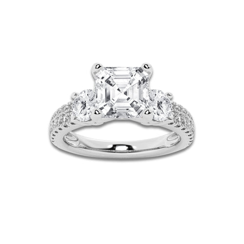 2.25 ctw Asscher Lab-Grown Diamond Three Stone Double Row Engagement Ring in 14K White Gold for Women | D Color, VVS1 Clarity, IGI Certified 1.50 ct Center Diamond