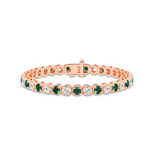 8 ctw Round Created Emerald and Round Lab Grown Diamond Four-Prong Tennis Bracelet - 8 Inches 14K Rose Gold