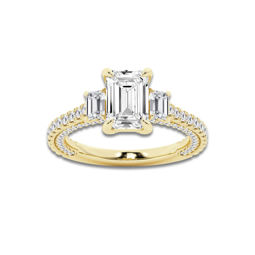Hyacinth 4 1/2 ctw Emerald Lab Grown Diamond Three Stone Engagement Ring with Side Diamonds 14K Yellow Gold, D, VVS | IGI Certified, 3 ct Center