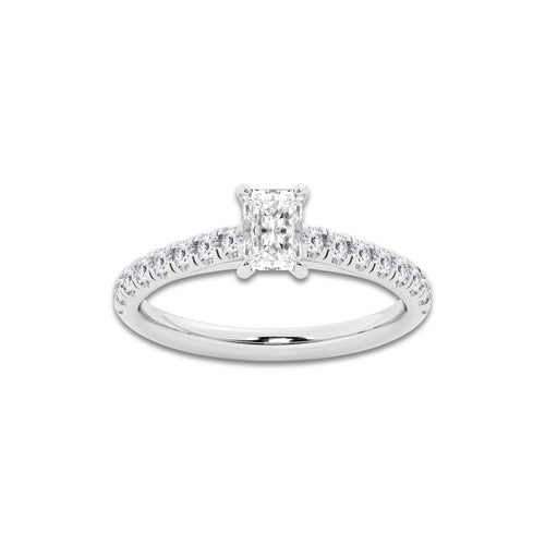 0.89 ctw Radiant Lab-Grown Diamond Pave Engagement Ring in Platinum for Women | E Color, VS1 Clarity, IGI Certified 0.50 ct Center Diamond