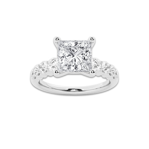 2.04 Ct Princess Lab-Grown Diamond Half Eternity Engagement Ring in 14K White Gold for Female, Colorless (E), VS1 Clarity | IGI Certified, 1.50 Ct Center Diamond