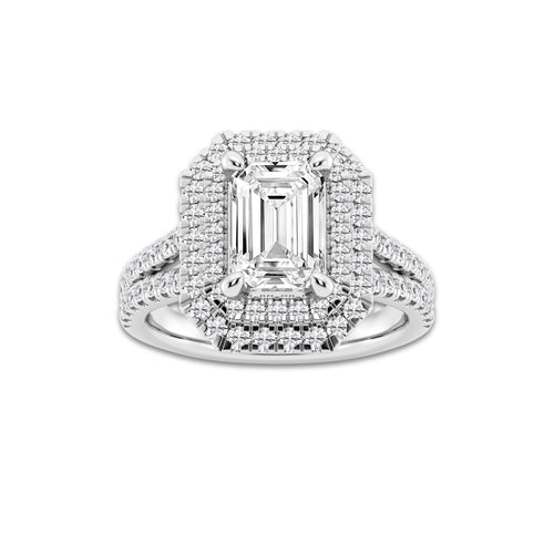 2 7/8 ctw Emerald Lab Grown Diamond Double halo with Split Shank Halo Engagement Ring Platinum, E, VS1 | 2 ct Center