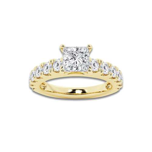 2.00 ctw Princess Lab-Grown Diamond Split-Prong Set Side Stone Engagement Ring in 14K Yellow Gold for Women | Colorless D, VVS1 Clarity, IGI Certified 1.00 ct Center Diamond