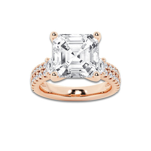 8.96 ctw Asscher Lab-Grown Diamond Three Stone Double Row Engagement Ring in 14K Rose Gold for Women | E Color, VS1 Clarity, IGI Certified 8.00 ct Center Diamond