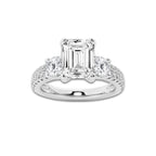 3.00 ctw Emerald Lab-Grown Diamond Three Stone Double Row Engagement Ring in Platinum for Women | E Color, VS1 Clarity, IGI Certified 2.00 ct Center Diamond